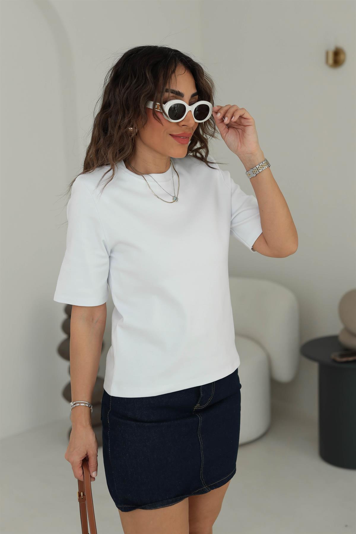 1134 Vatkalı Kalın Dokulu Tshirt BEYAZ