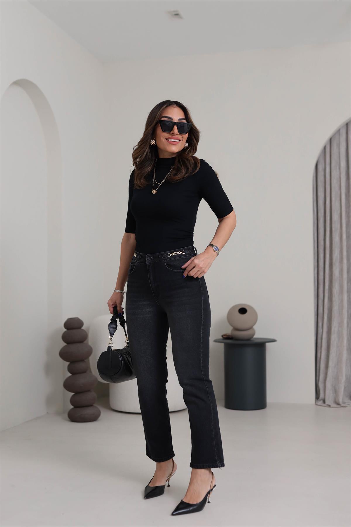 1752 Yüksek Bel Zincir Aksesuar detaylı Pantolon FÜME