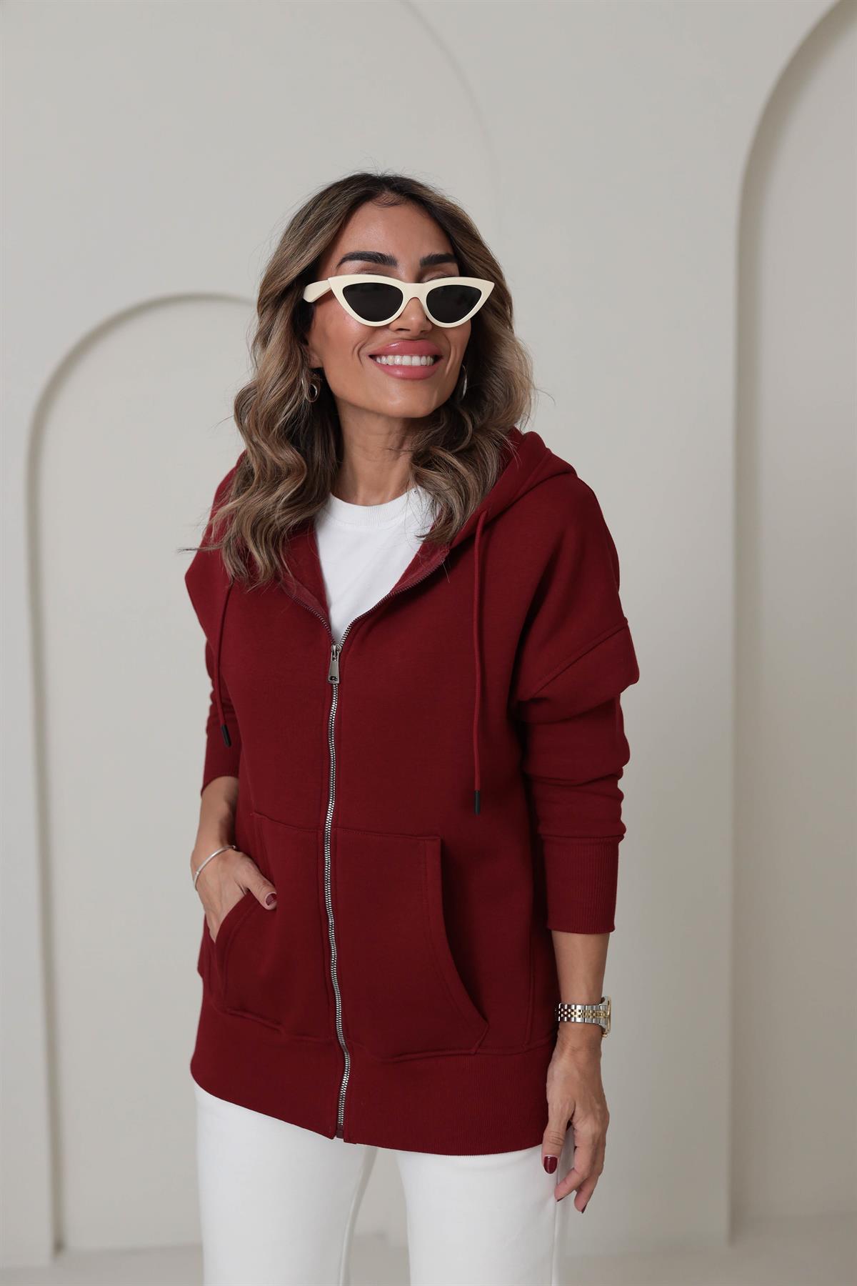0068 Kapşonlu Fermuarlı Sweatshirt BORDO
