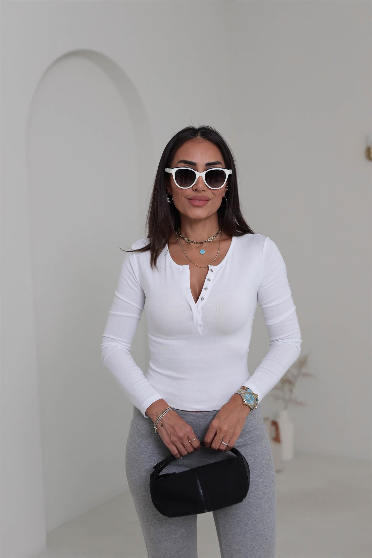 1442 Uzun Kollu Çıtçıt Düğmeli Bluz BEYAZ