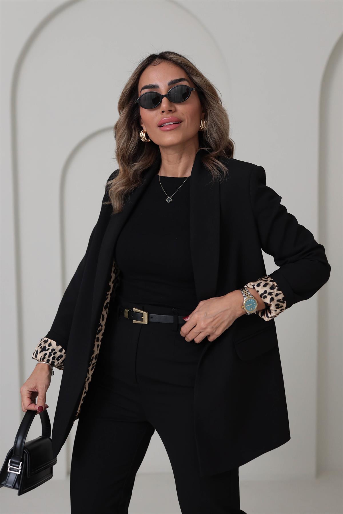 9227Y Leopar Astarlı Şal Yaka Ceket SİYAH