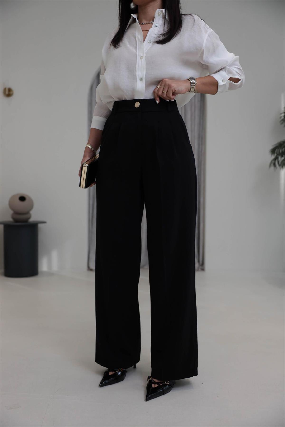 4386S Gold Düğmeli Palazzo Pantolon SİYAH