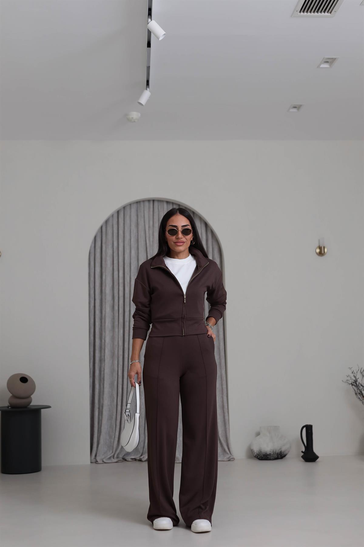 4044 Gold Fermuarlı Modal Kumaş Takım KAHVE