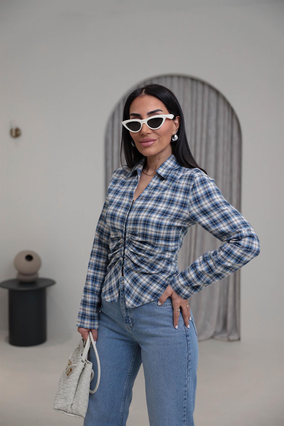 0817 Agraflı Ekose Gömlek MAVİ