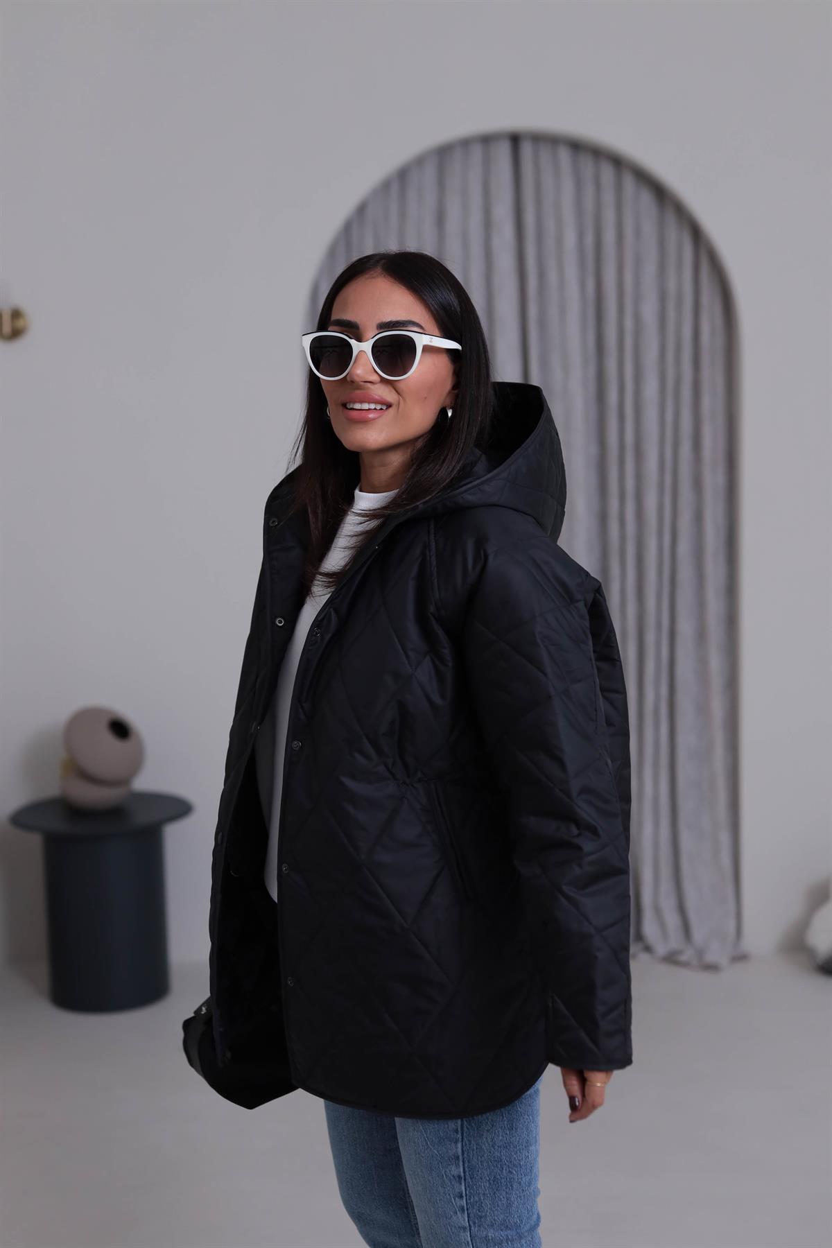 4211 Kapitone Kapşonlu Oversize Mont SİYAH