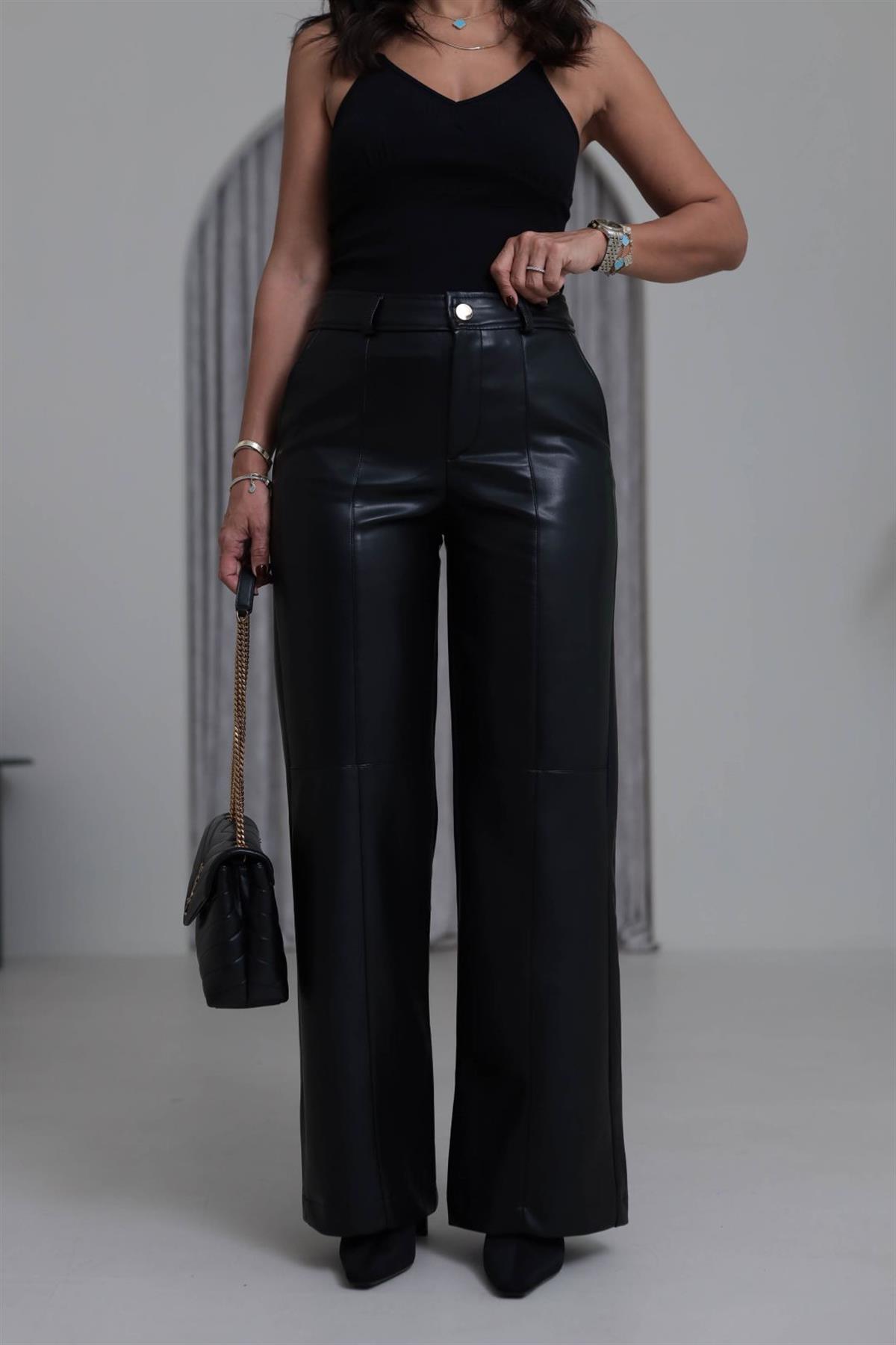 0625 Gold Düğmeli Palazzo Paça Deri Pantolon SİYAH