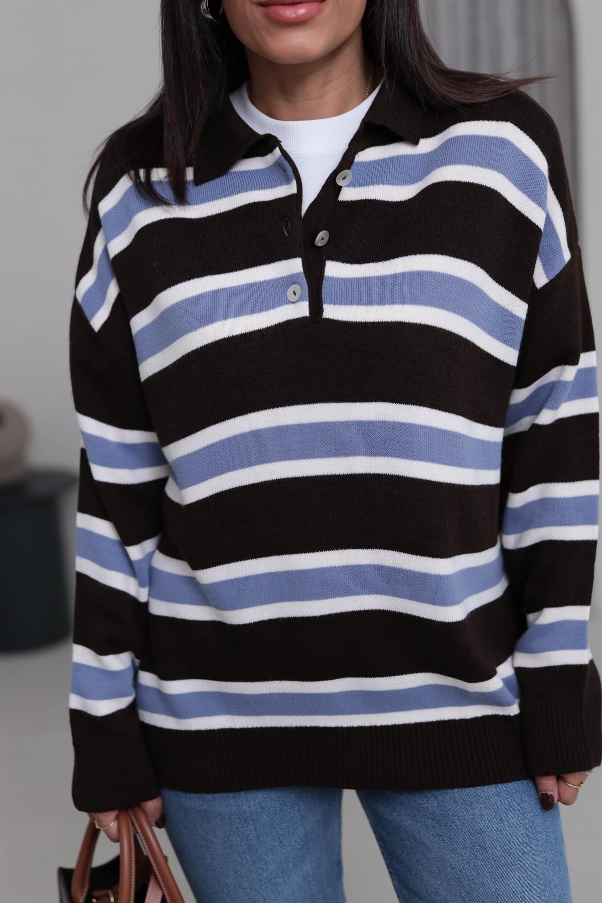 1127 Polo Yaka Şeritli Triko ACI KAHVE