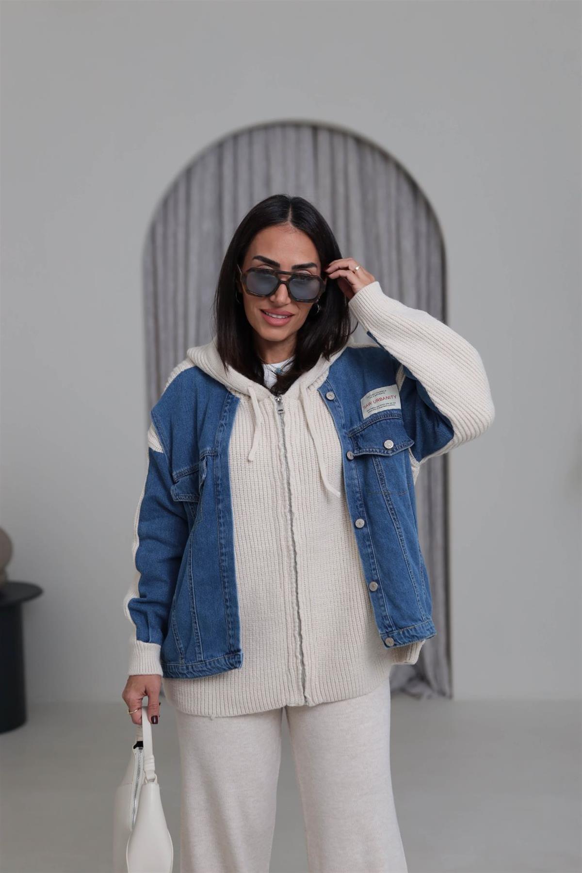 4676 Kot Garnili Kapşonlu Fermuarlı Triko Hırka TAŞ MAVİ