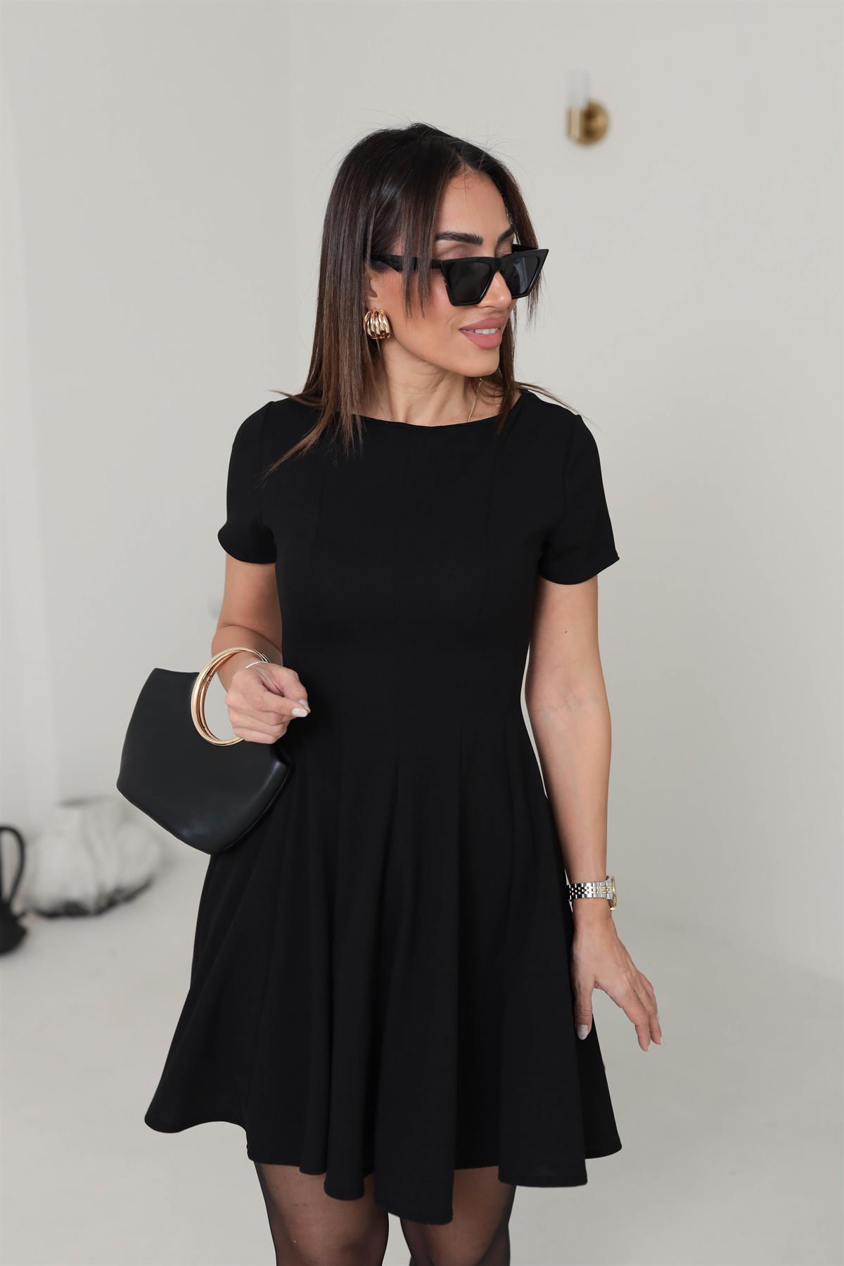 3680 Likralı Kısa Kol Kloş Elbise SİYAH
