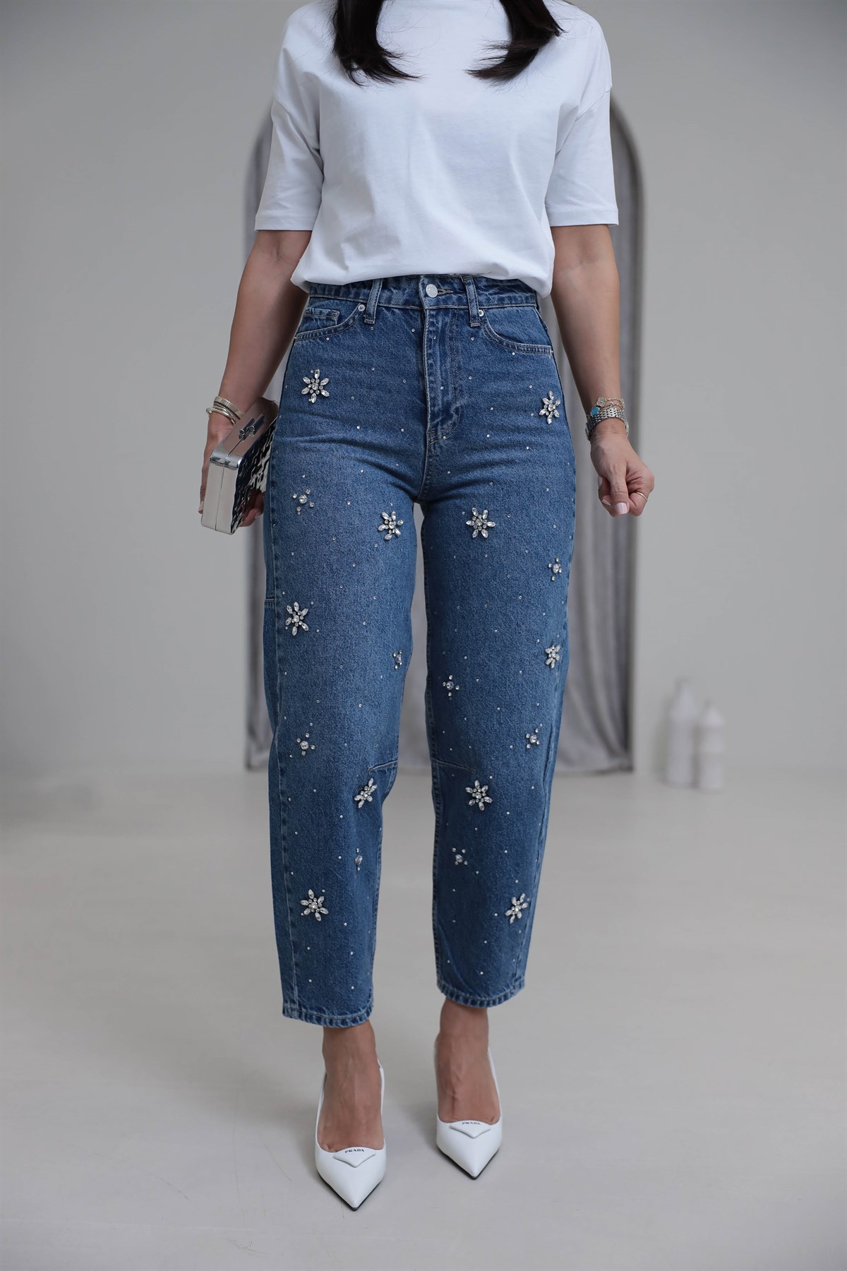 1015 Motif Taşlı Bol Kalıp Jean Pantolon MAVİ