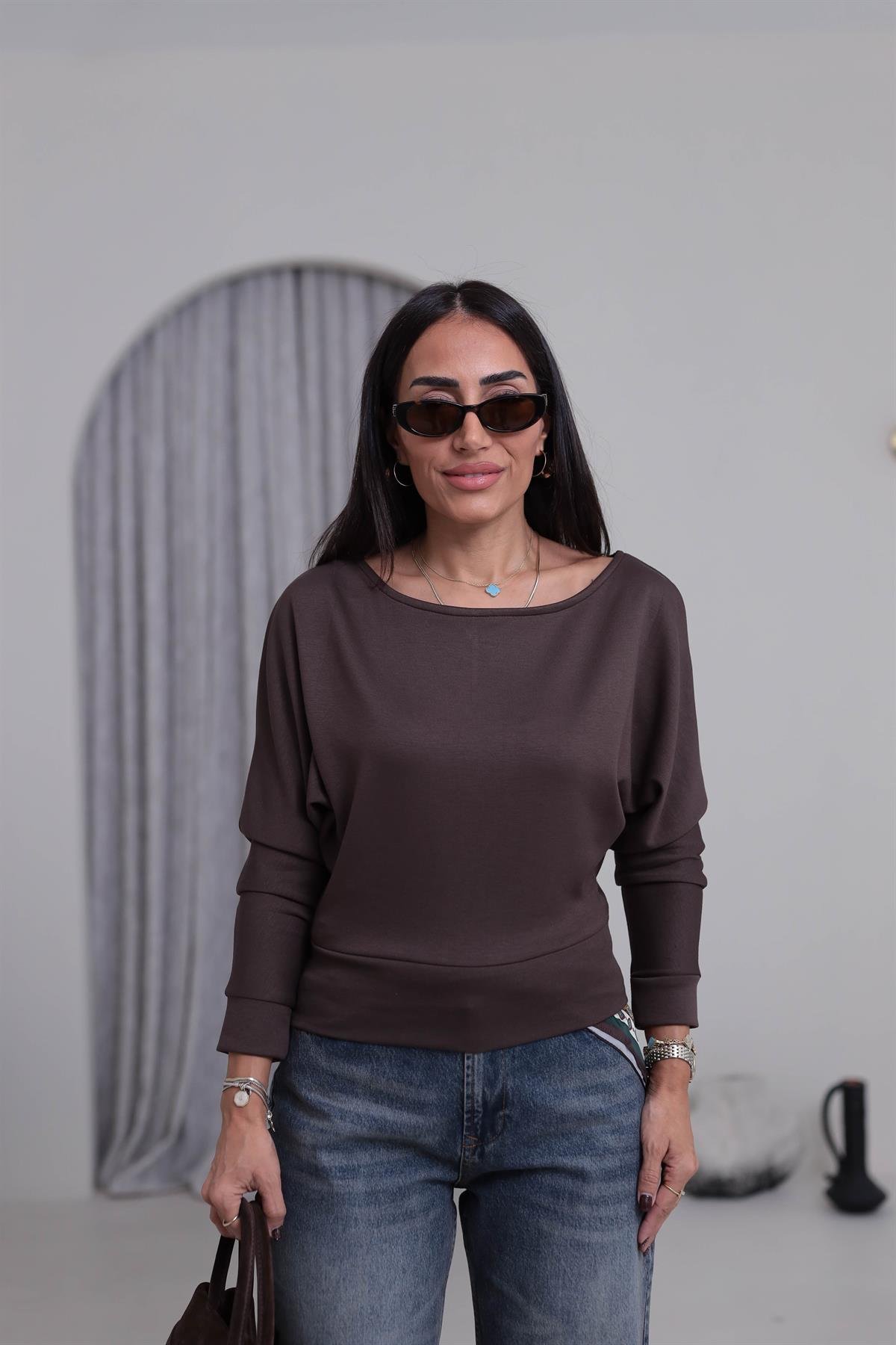 2450 Düşük Omuzlu Modal Kumaş Bluz ACI KAHVE