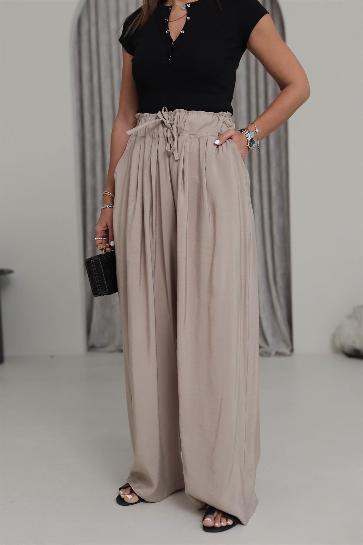 0165 Yüksek Bel Lastikli Bol Paça Tencel  Pantolon BEJ