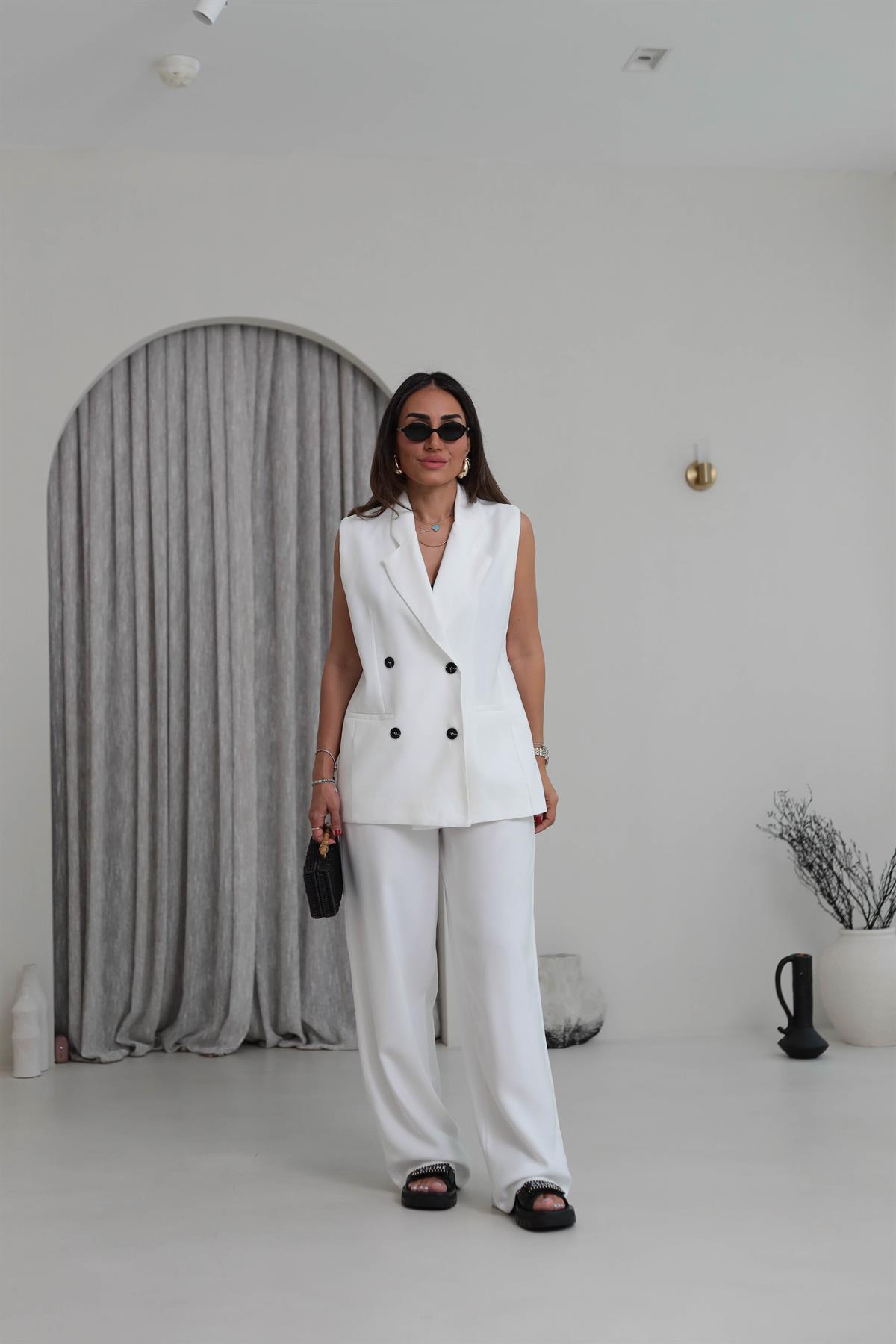 0382 Kruvaze Yaka Yelek Pantolon Tencel Takım BEYAZ