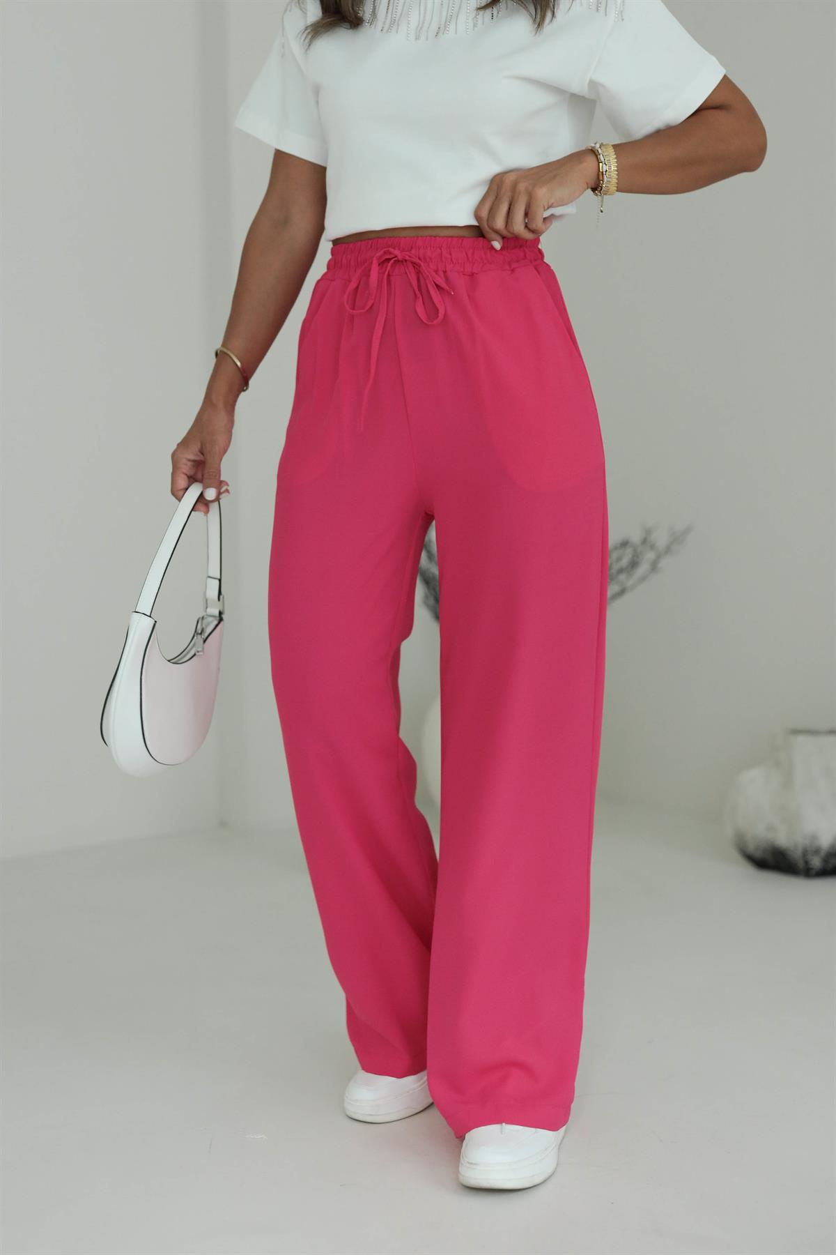 8779 Beli Lastikli Bol Paça Pantolon FUŞYA