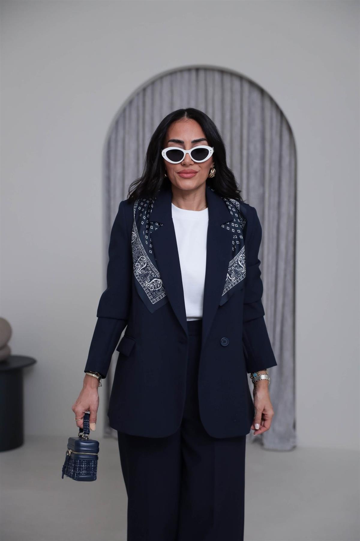 7665 Fular Detaylı Blazer Ceket LACİVERT