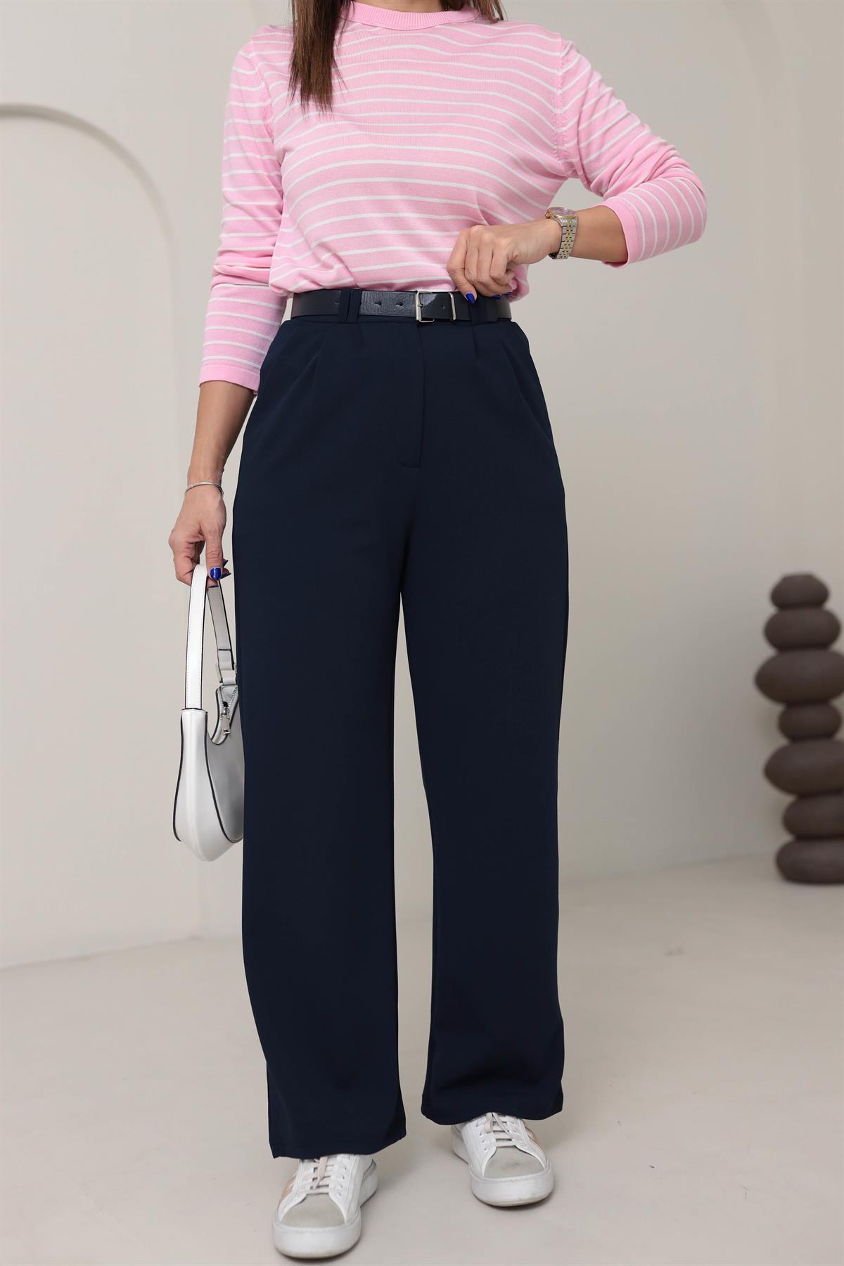 3851 Çift Pile Detaylı Kemerli Palazzo Pantolon LACİVERT