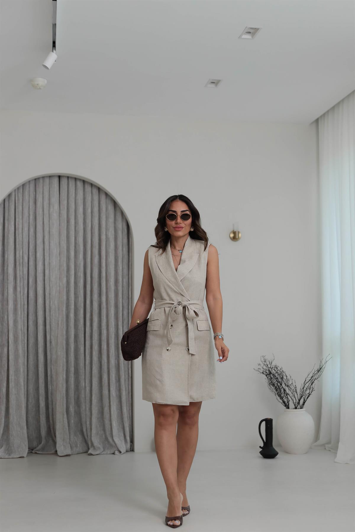 1001 Gömlek Yaka Keten Elbise NATURAL