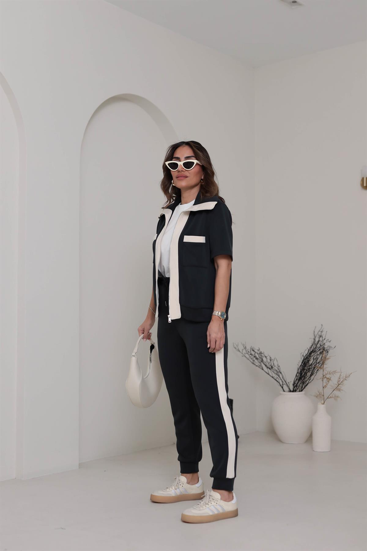 5712 Kısa Kol Fermuarlı Kontrastlı Modal Takım SİYAH-EKRU