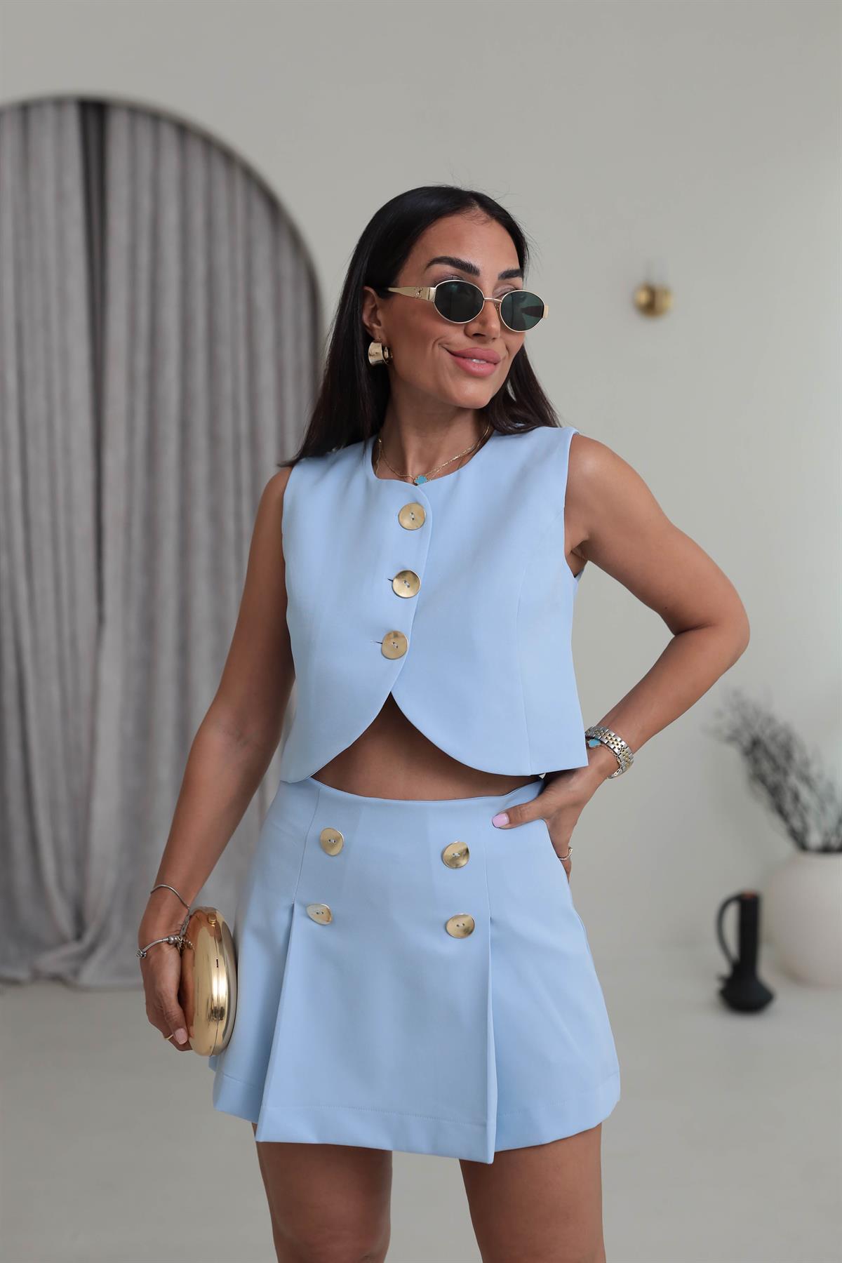 0294 Gold Düğmeli Crop Yelek & Şort Etekli Takım BEBE MAVİ