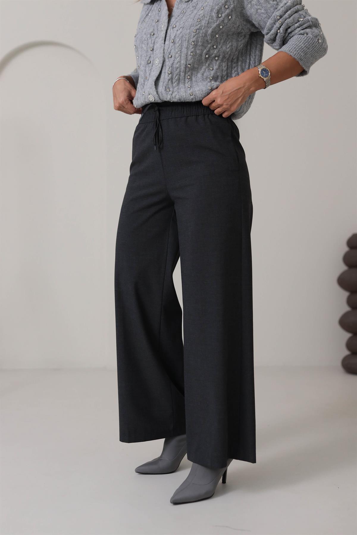 1556 Bel Bağcık ve Lastikli Bol Paça Pantolon ANTRASİT