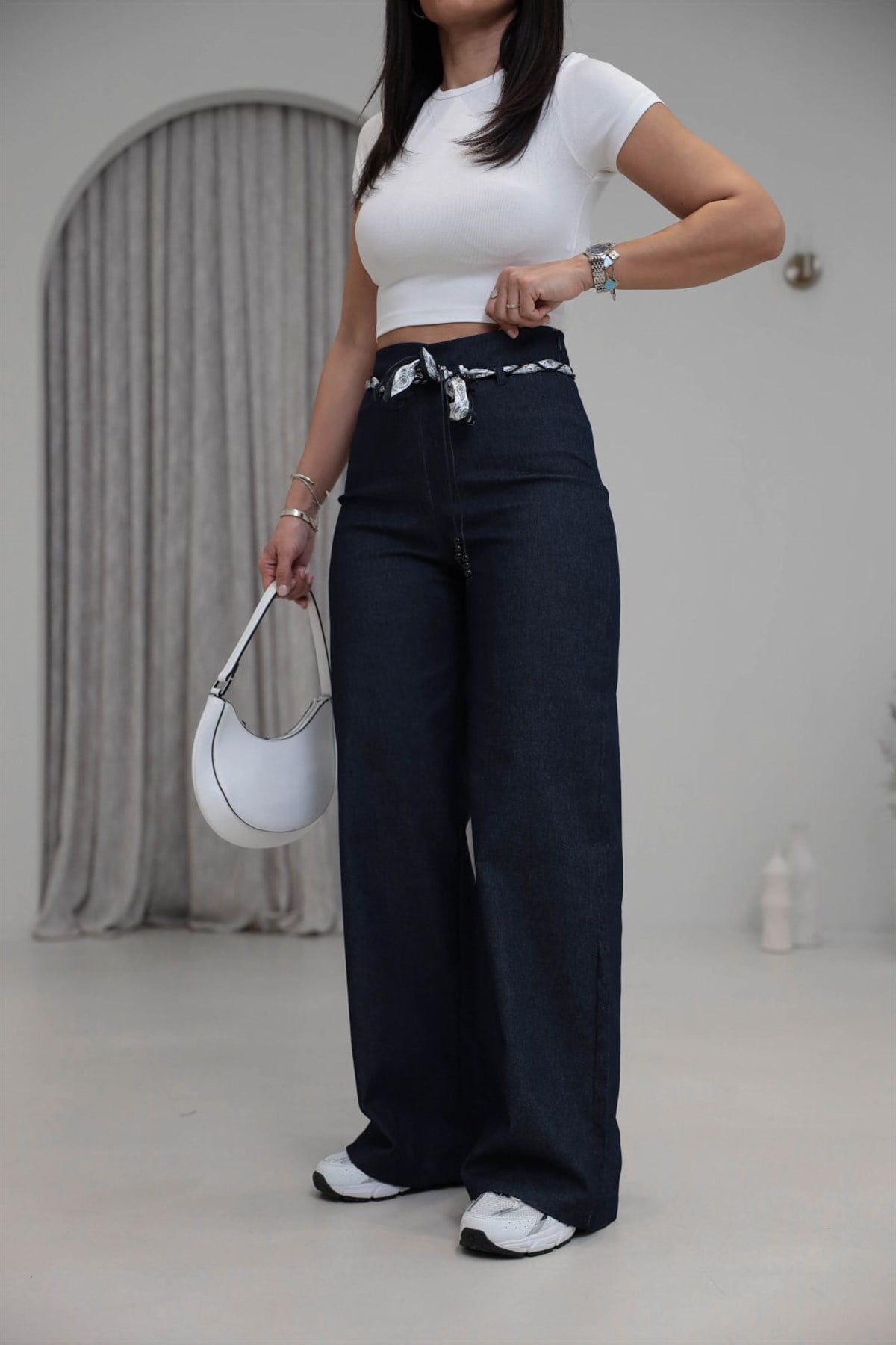 1770 Fularlı Full Likralı Bol Kalıp Pantolon LACİVERT