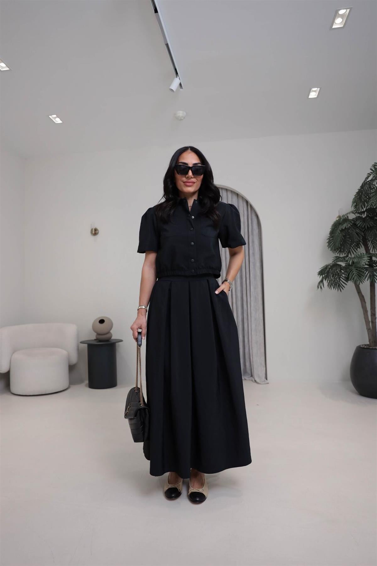 8075 Dokuma Cepli Gömlek Etek Takım SİYAH