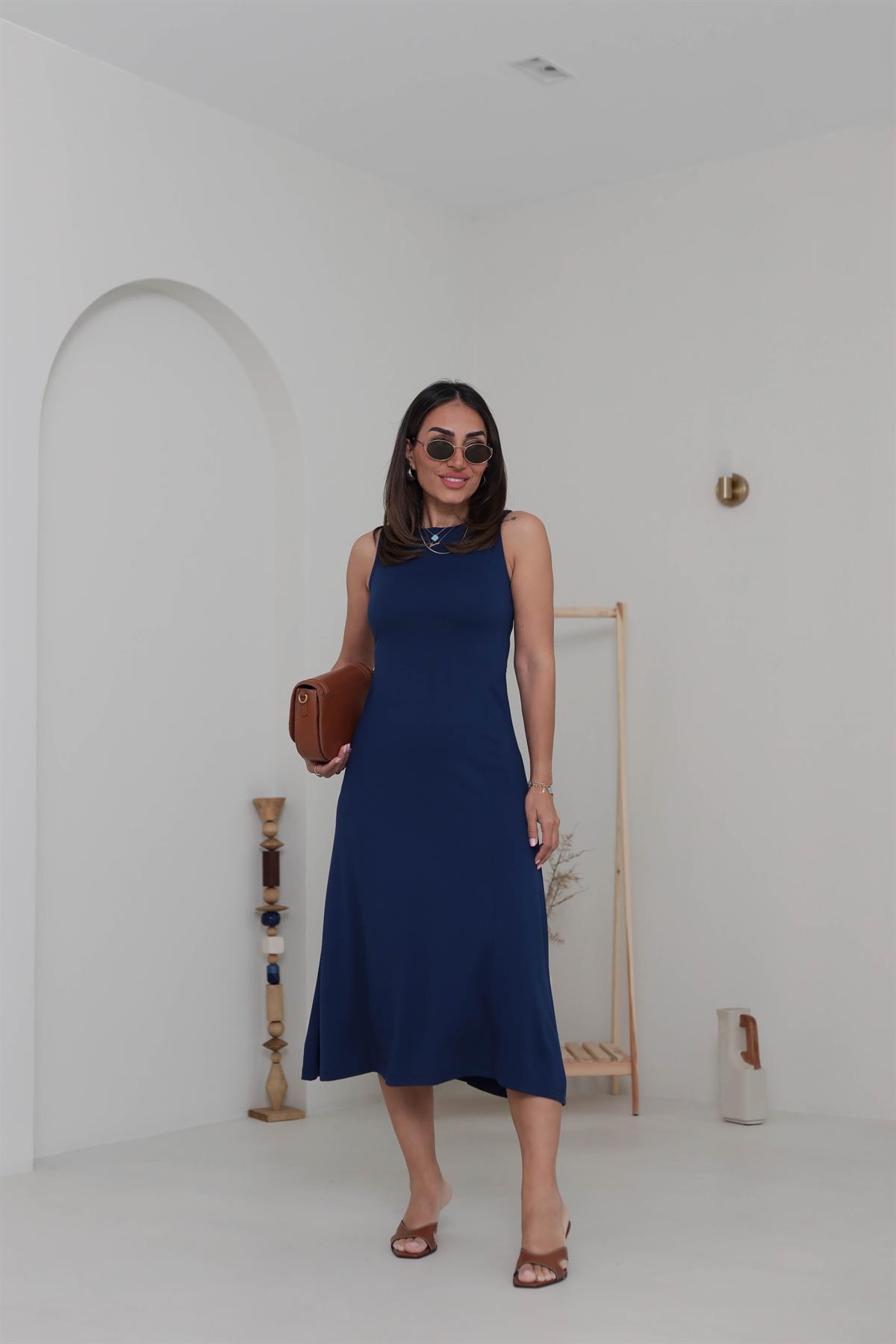 1590 Parçalı Sıfır Kol Midi Elbise LACİVERT