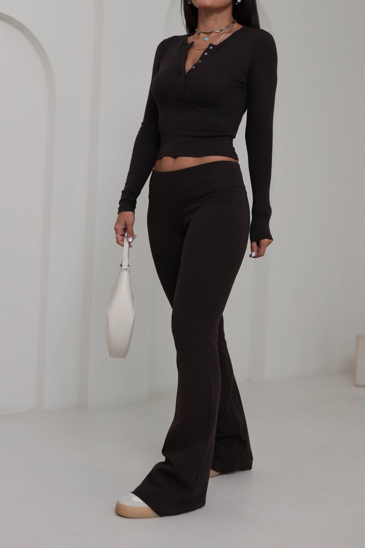 7064 Geniş Kemerli İspanyol Paça Flare Pantolon ACI KAHVE