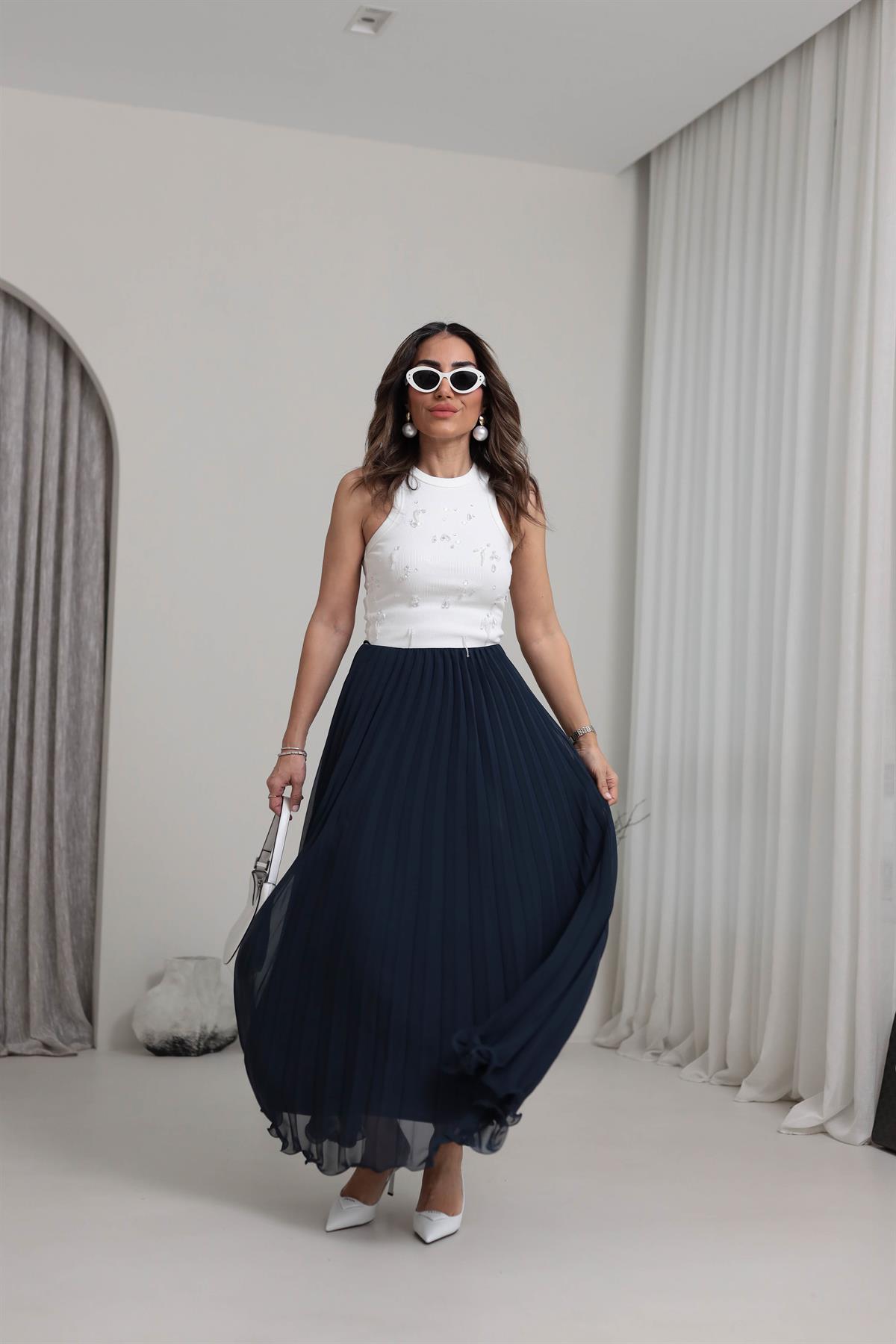 0287 Piliseli Şifon Maxi Etek LACİVERT