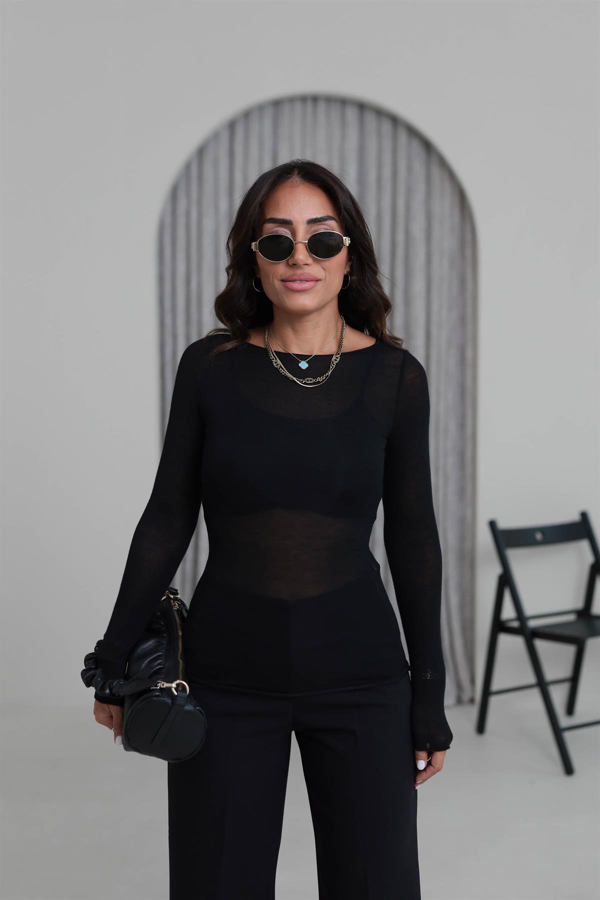 6641 Geniş Yaka Yumuşak Dokulu Bluz SİYAH