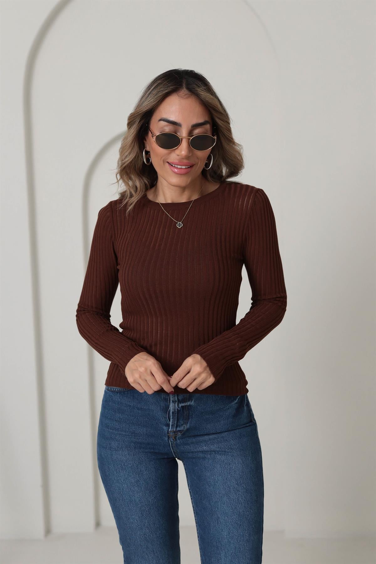 4107 Transparan Detaylı Triko Bluz KAHVE