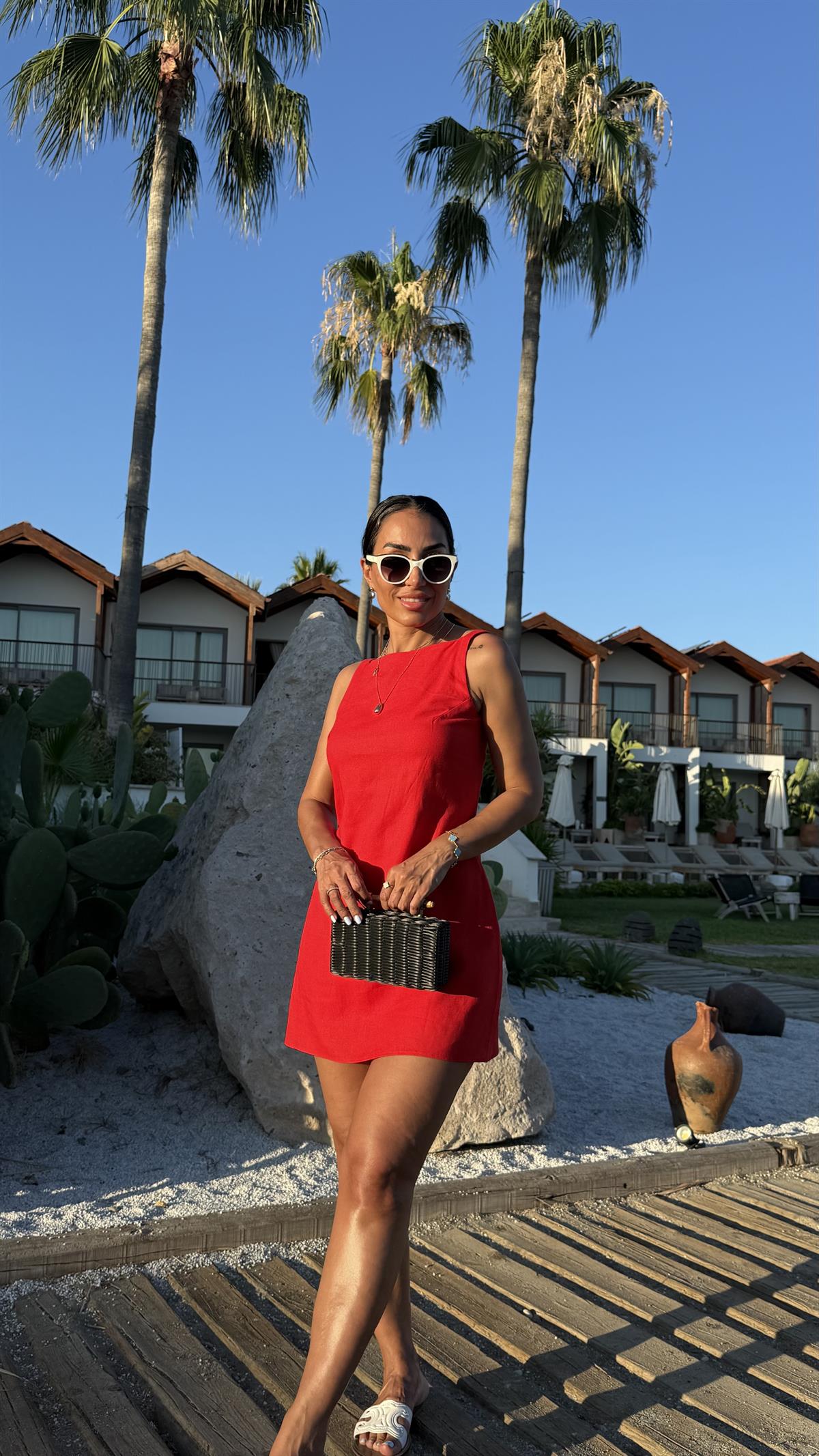 4140 Halter Yaka Astarlı Keten Mini Elbise KIRMIZI