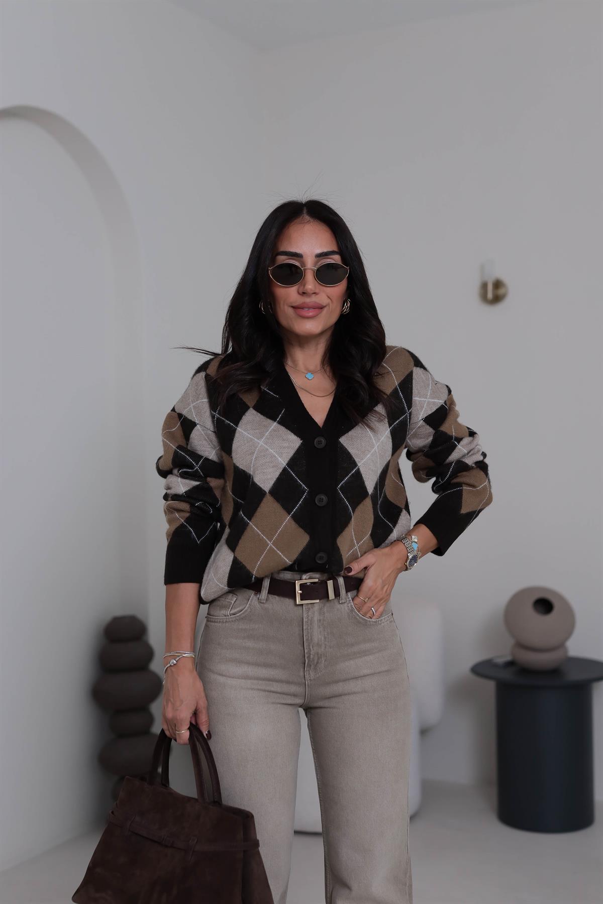 6868 Baklava Desen Bol Kalıp Hırka KAHVE