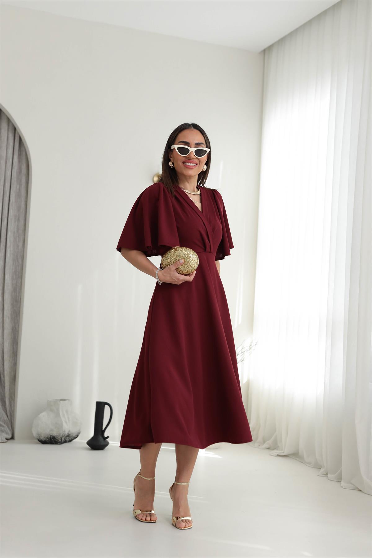 3707 Kol Volanlı Krvaze Yaka Midi Boy Elbise BORDO