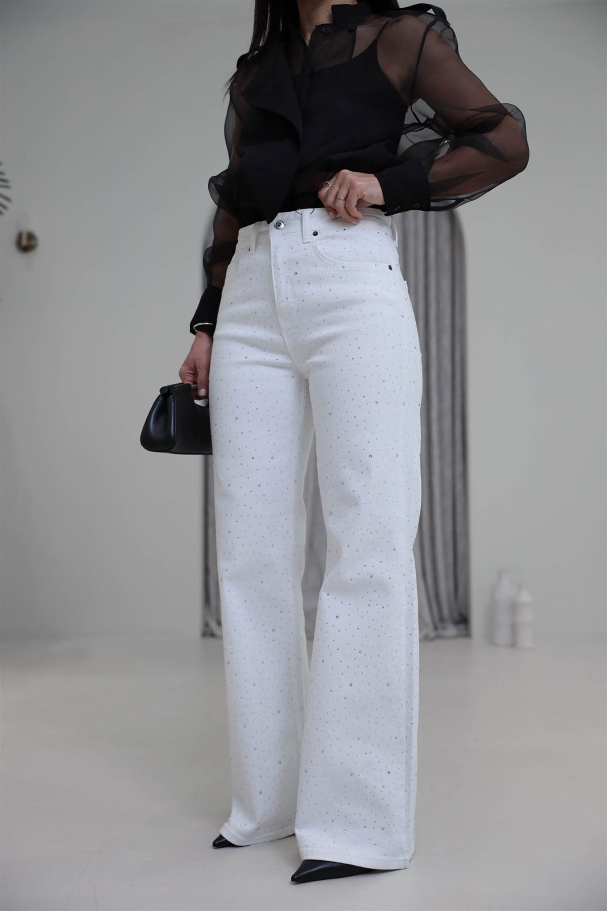 Taşlı Yüksek Bel Likralı Wide Leg Jean BEYAZ