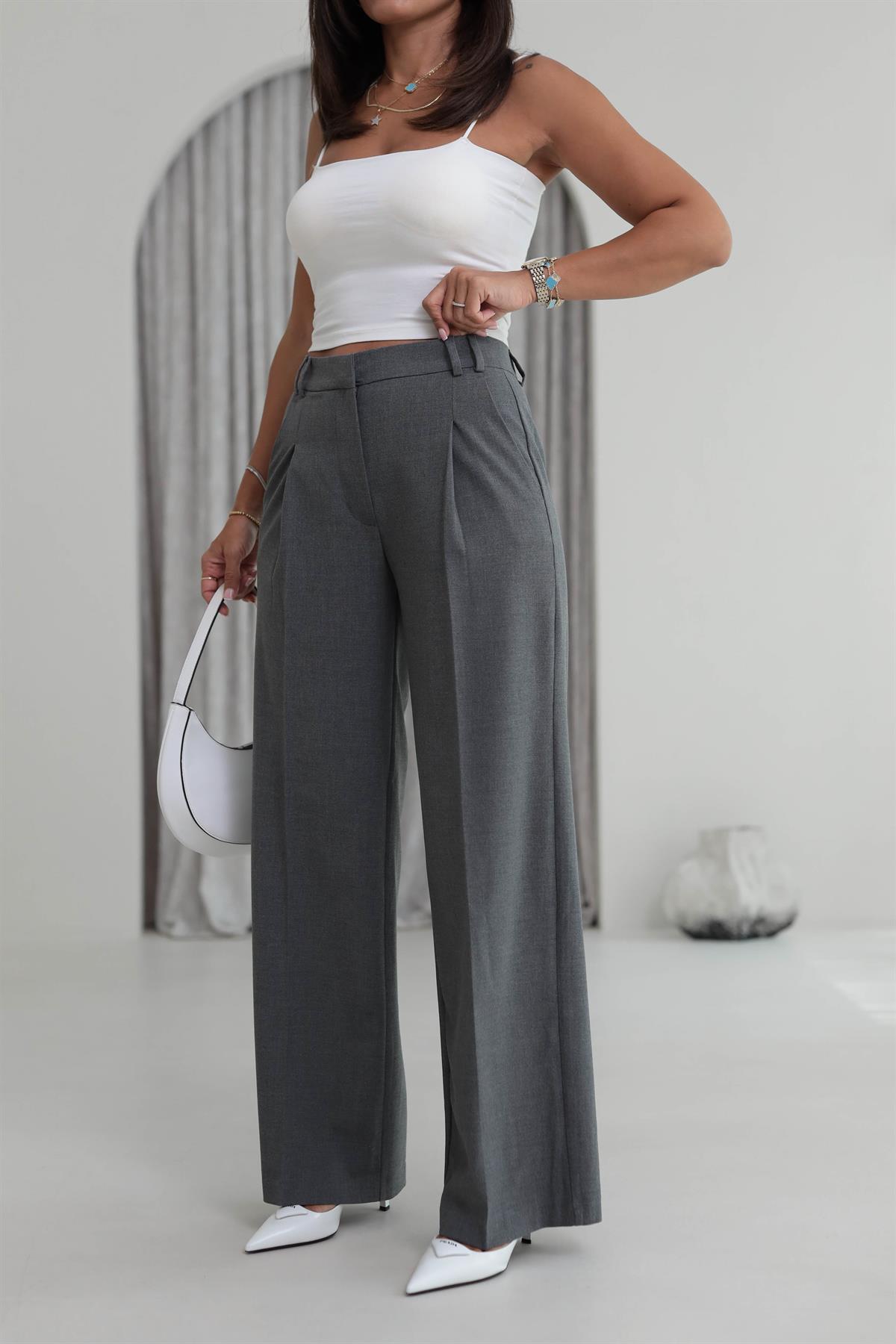 9003 Arka Bel Lastikli Palazzo Pantolon KOYU GRİ