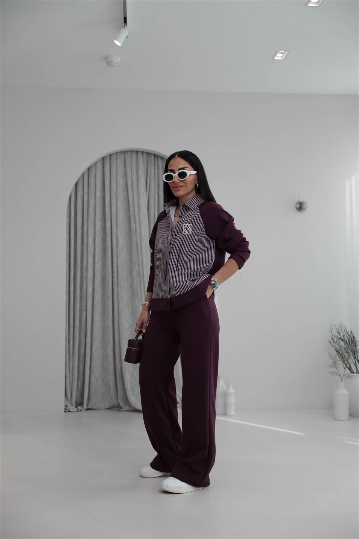 7145 Broşlu Gömlek Mixli Modal Takım BORDO