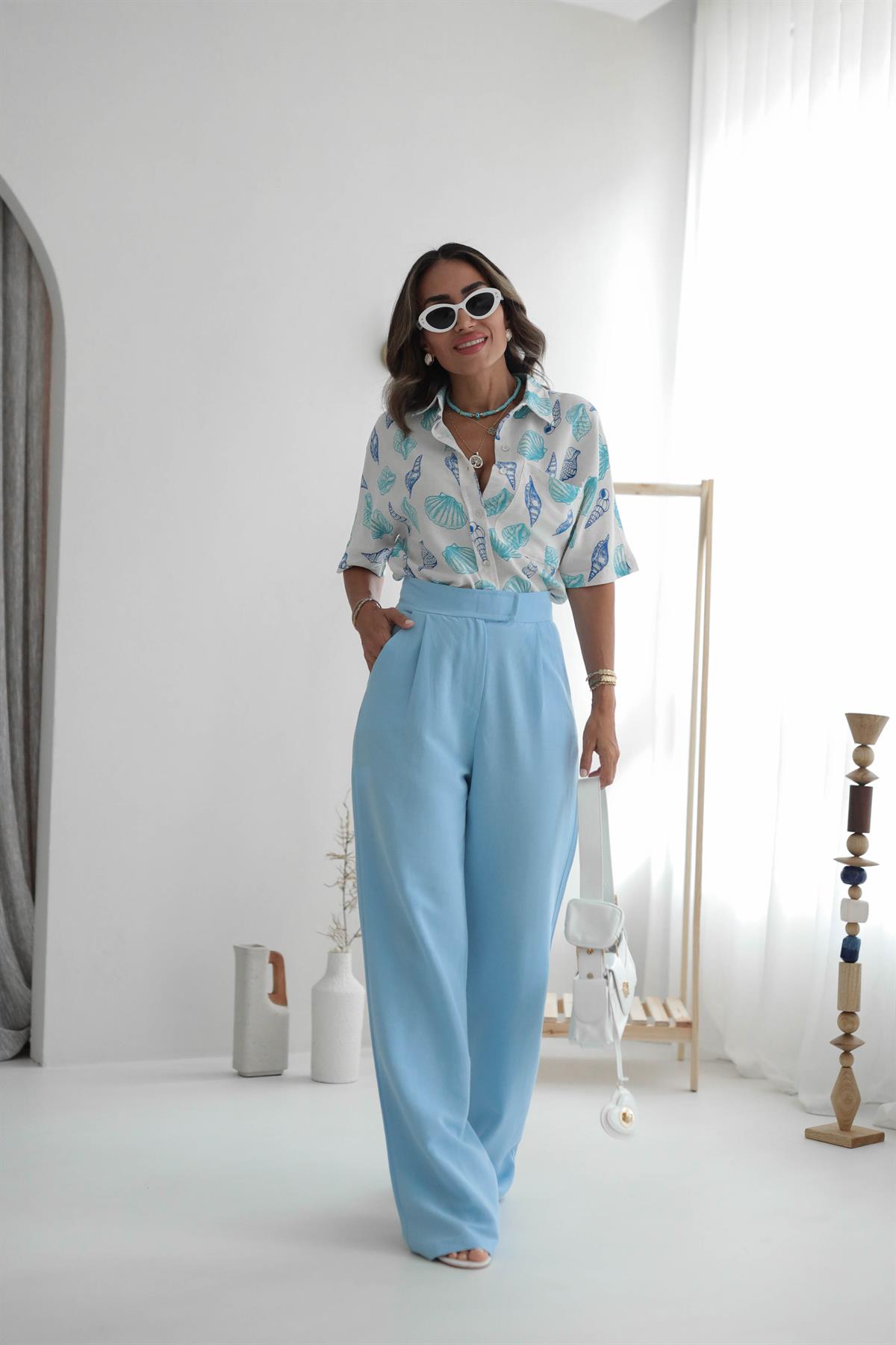 3877 Beli Cırtlı Keten Palazzo Pantolon MAVİ