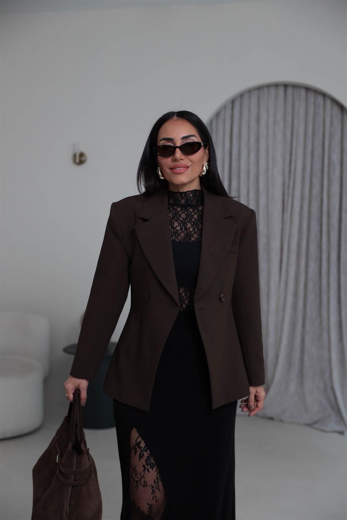 7685 Kruvaze Belden Oturtmalı Blazer Ceket KAHVE