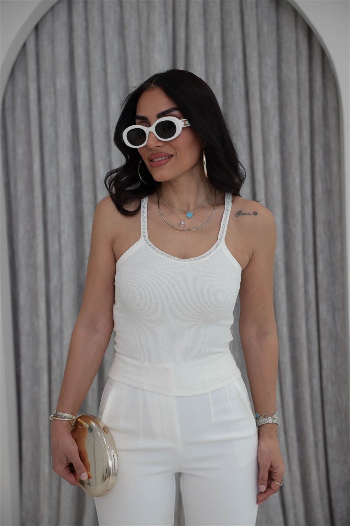 4798 Pamuklu Yakası Taşlı Atlet EKRU