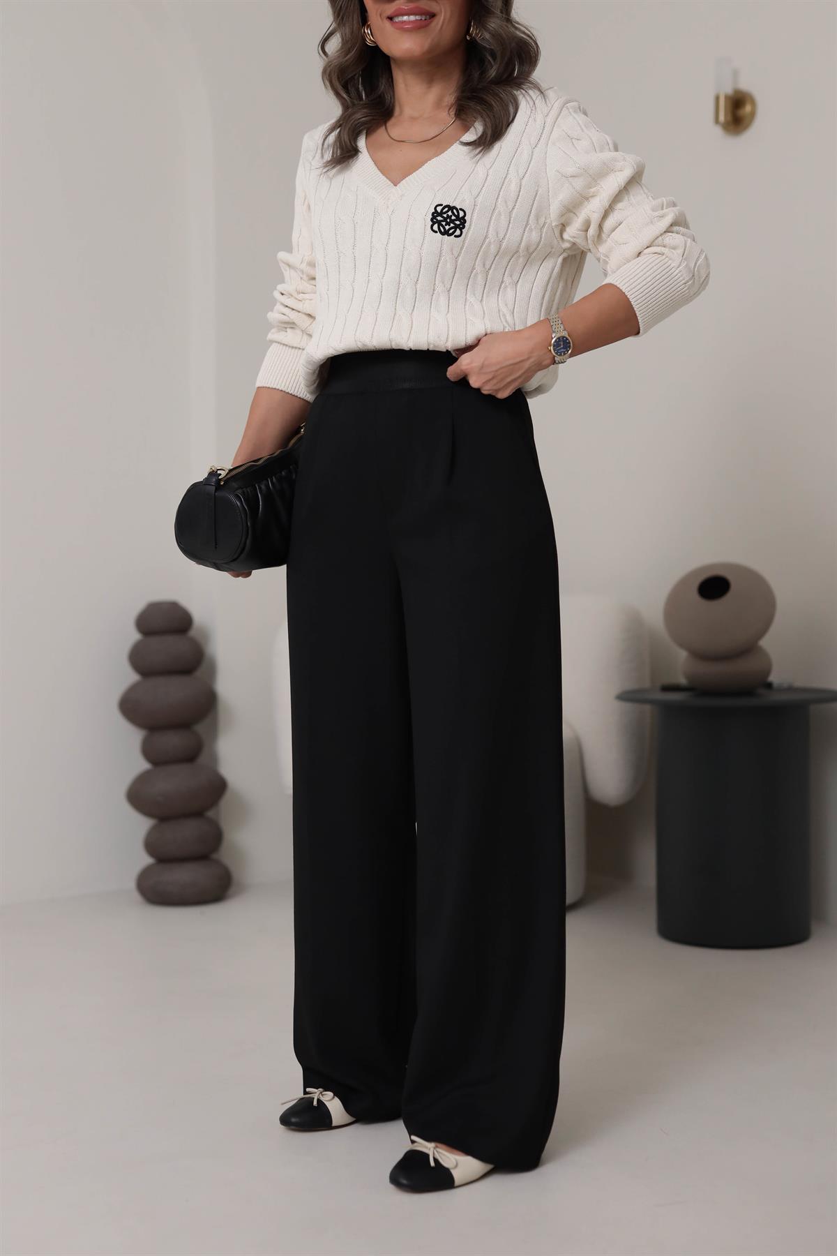 6426 Kemeri Lastikli Rahat Kumaş Pantolon SİYAH