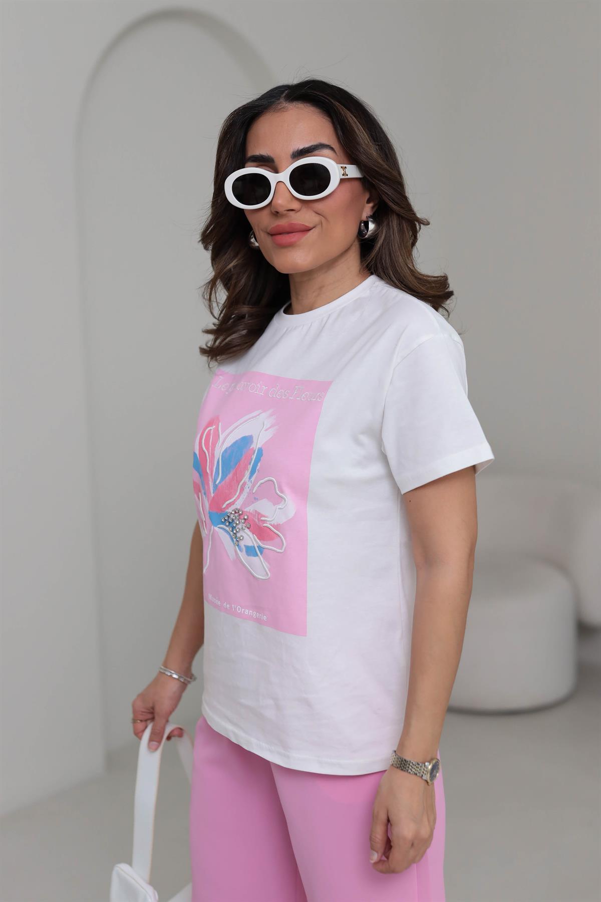 0223 Çiçek ve Taş Detaylı Tshirt PEMBE