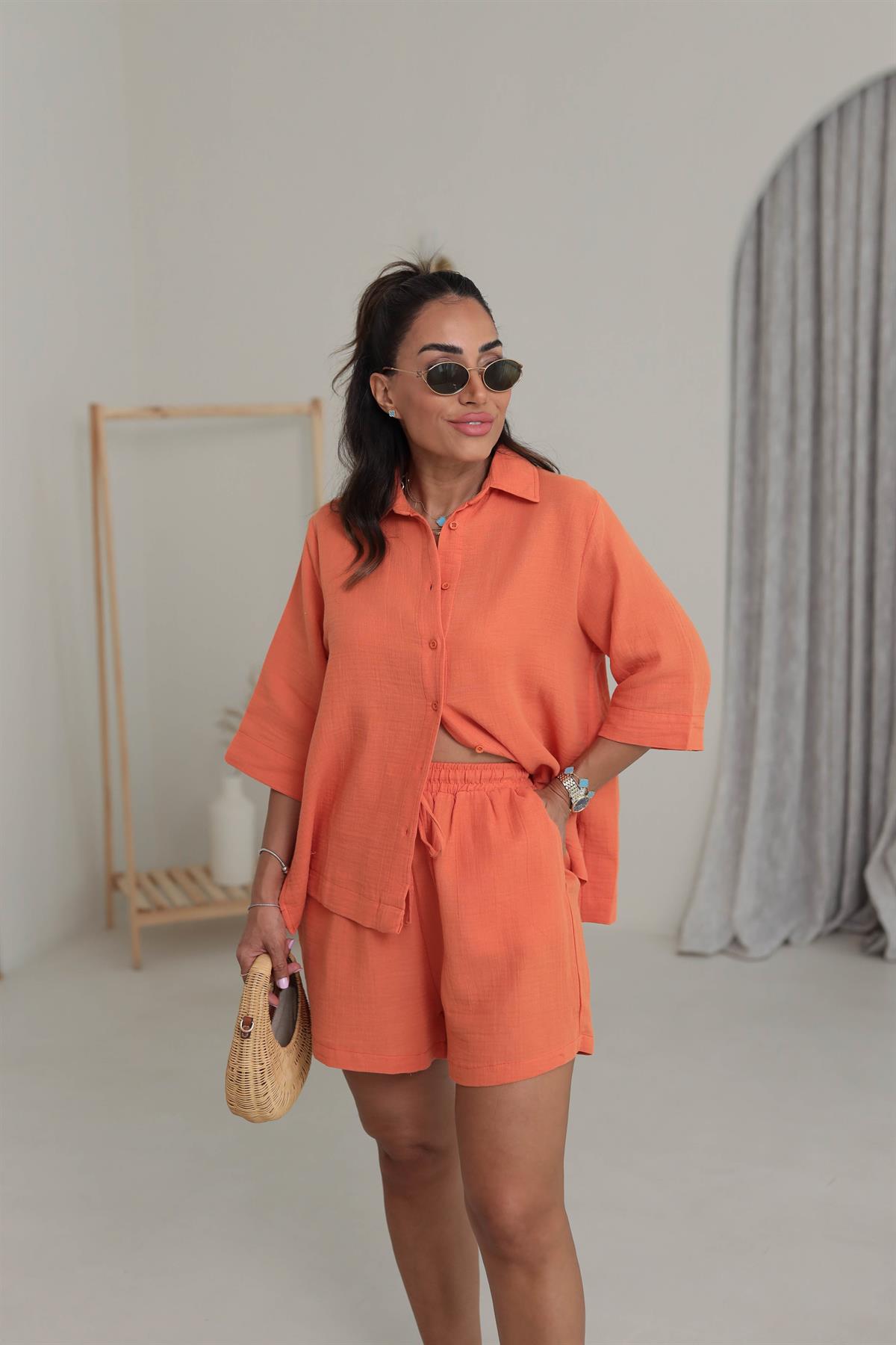 0427 Müslin Kumaş Gömlek Şort Takım TURUNCU