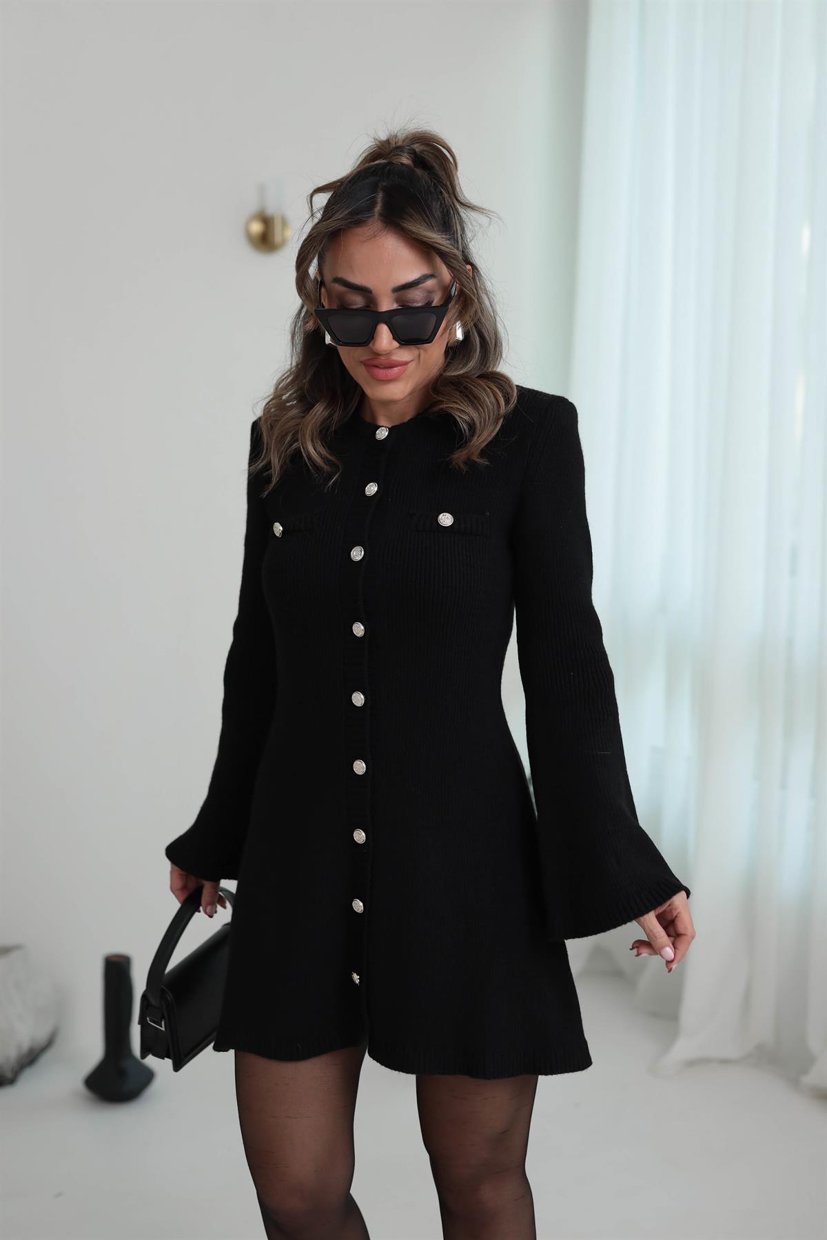 0021 Gold Düğme Detaylı Triko Elbise SİYAH