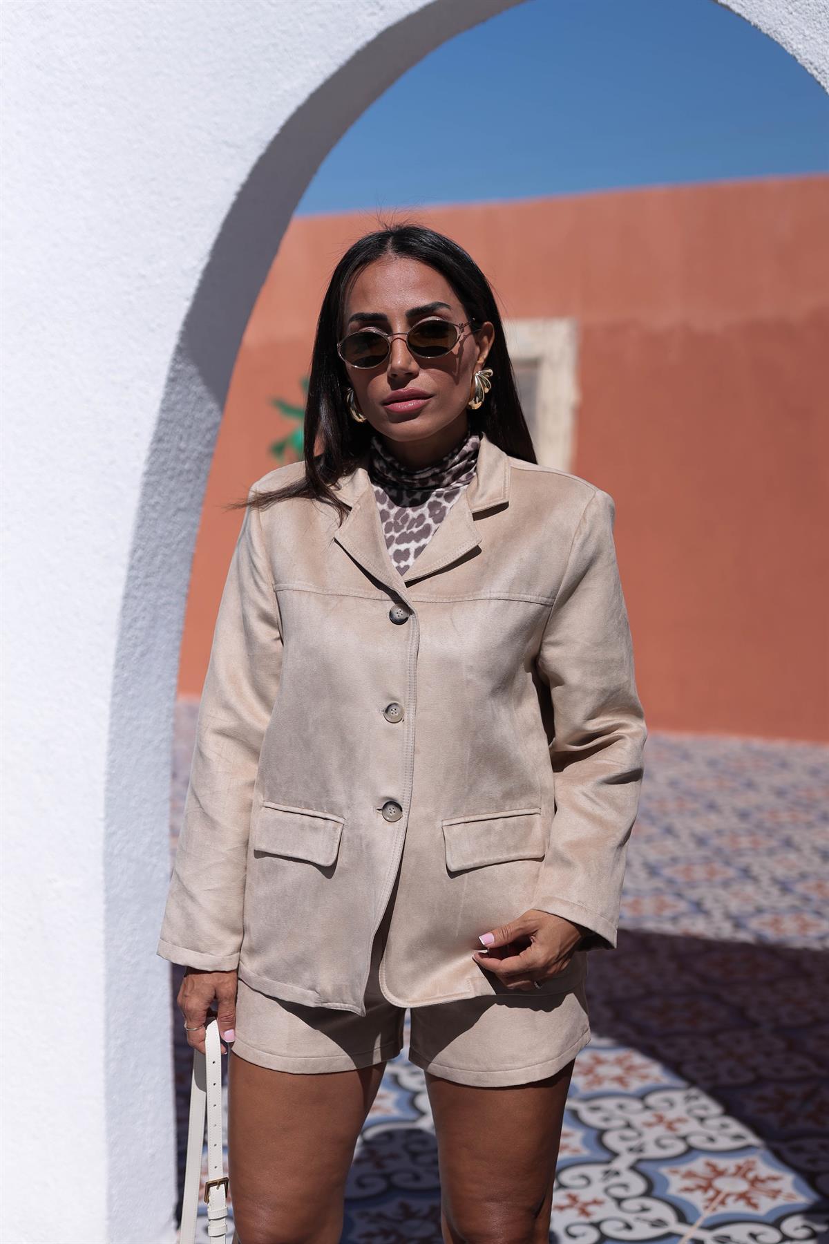 0825 Vatkalı Düğmeli Süet Ceket TABA