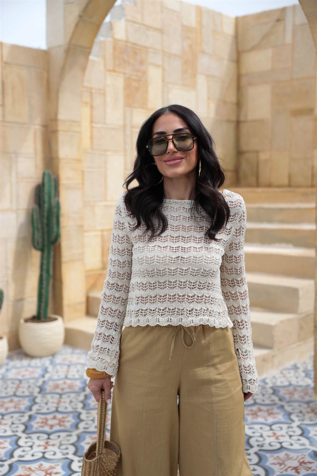 4702 Simli Ajurlu Triko Bluz KREM