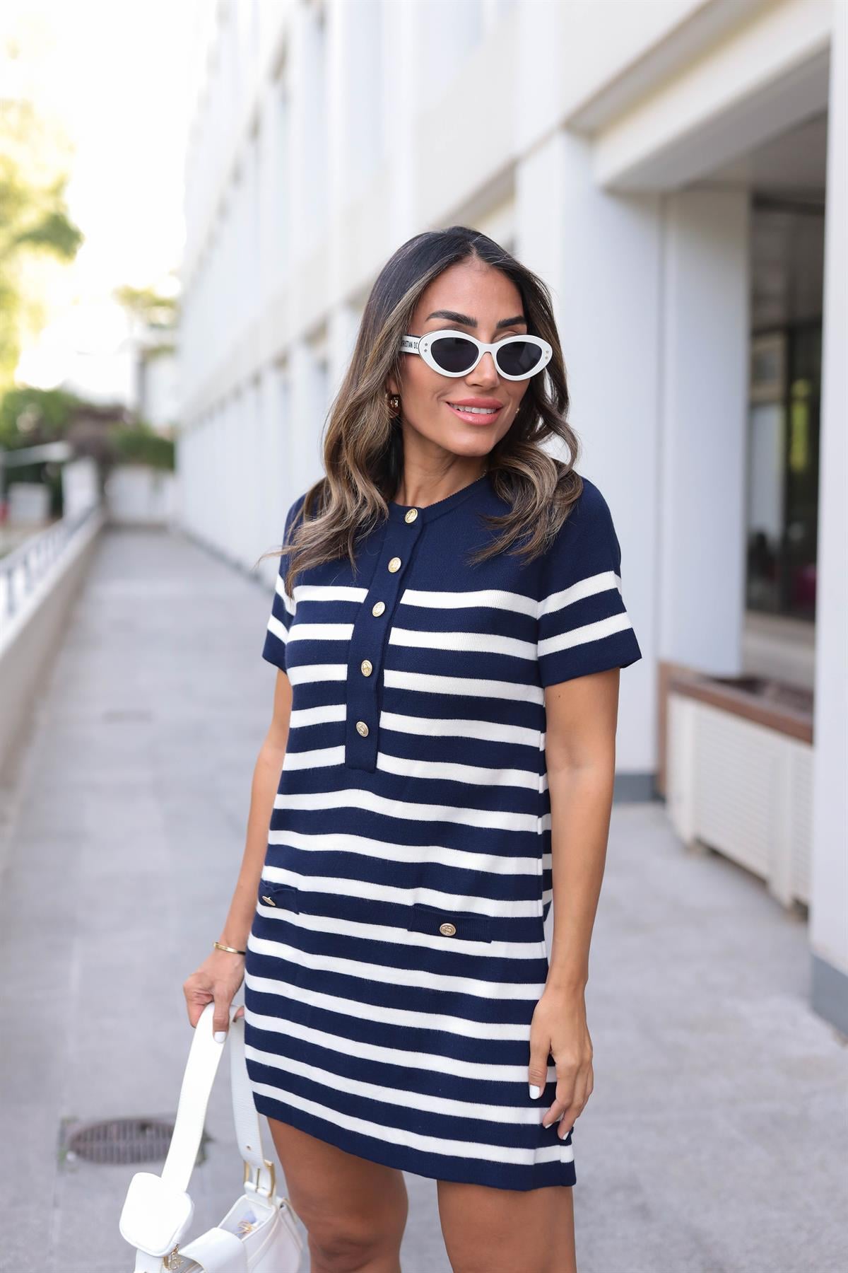 2330 Marin Gold Düğmeli Triko Elbise