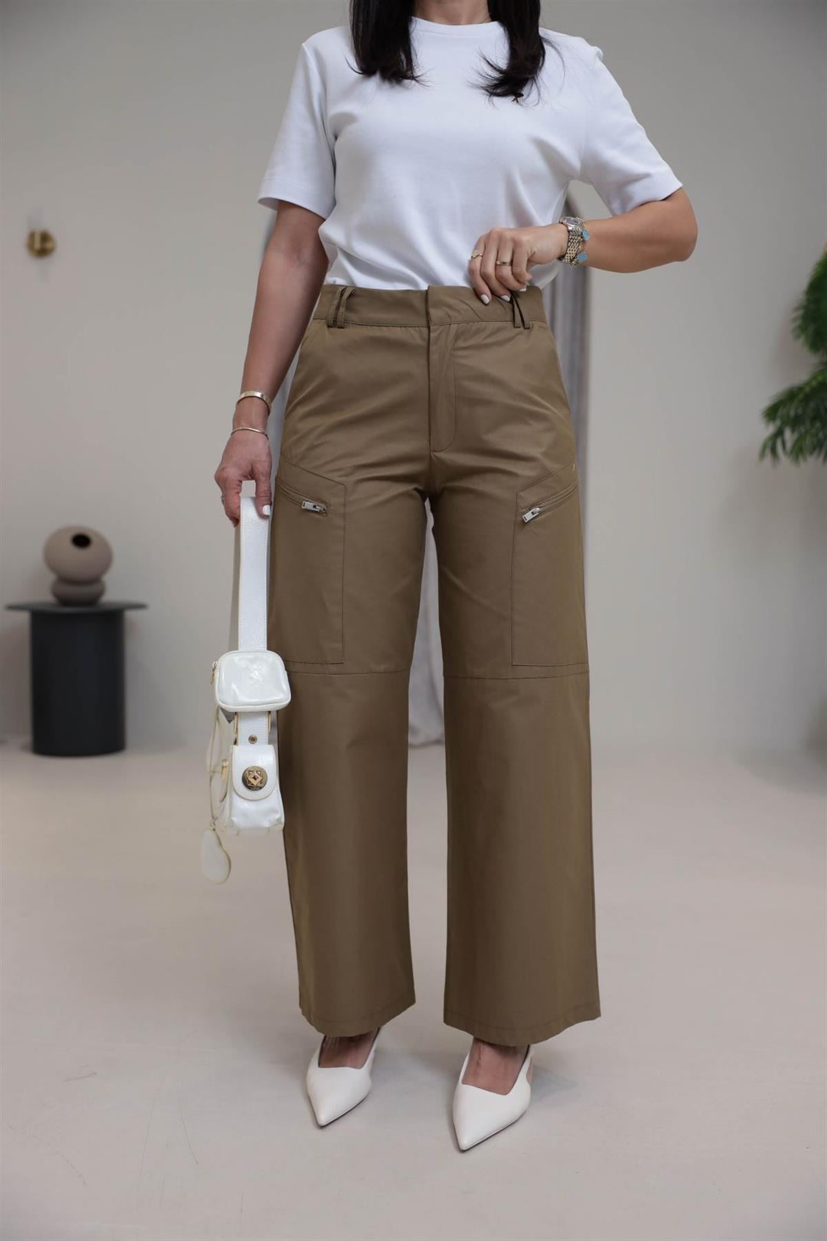 Geniş Paça Fermuar Cepli Kargo Pantolon YAĞ YEŞİLİ