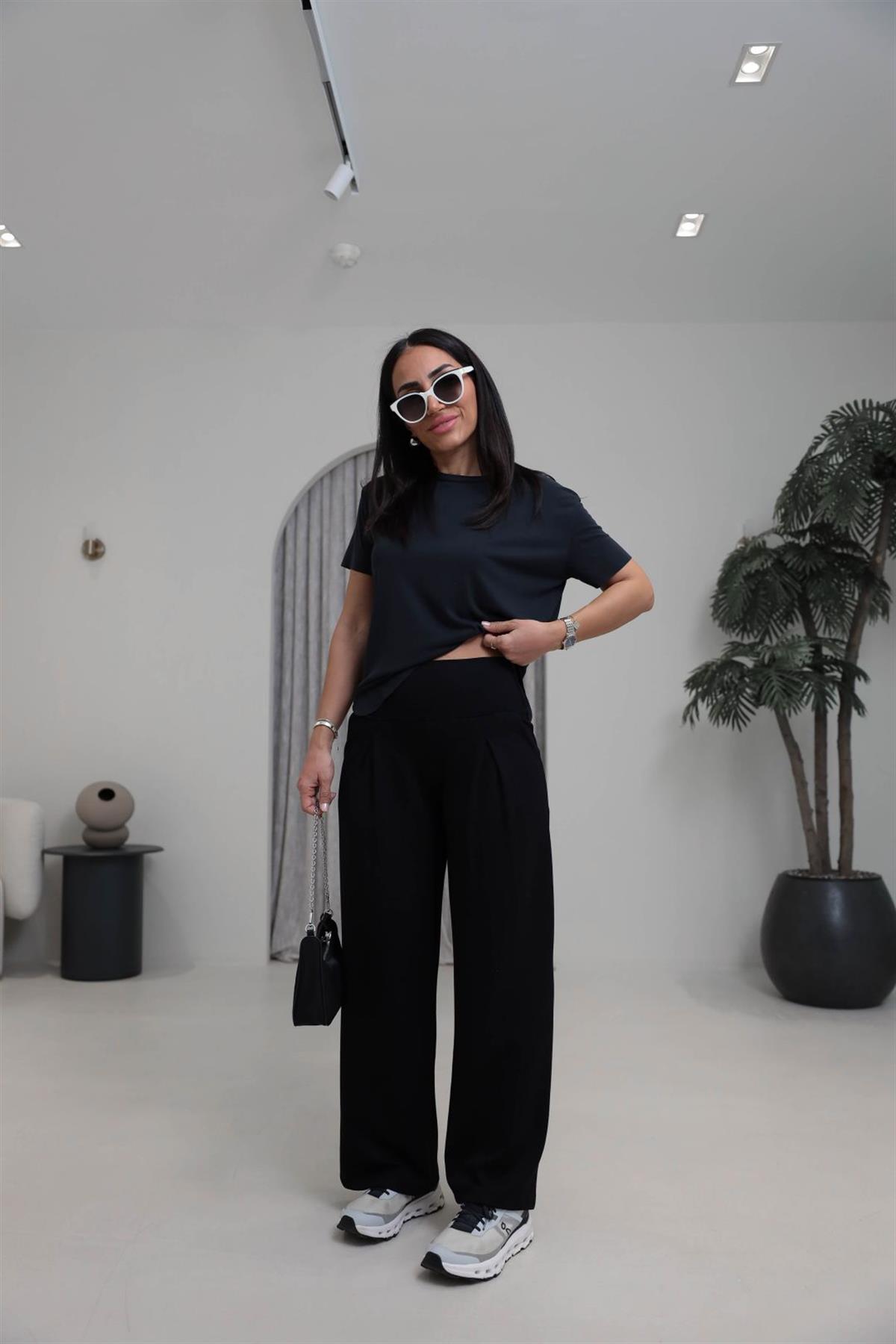 1202 Lulu Geniş Kemerli Piliseli Modal Pantolon SİYAH