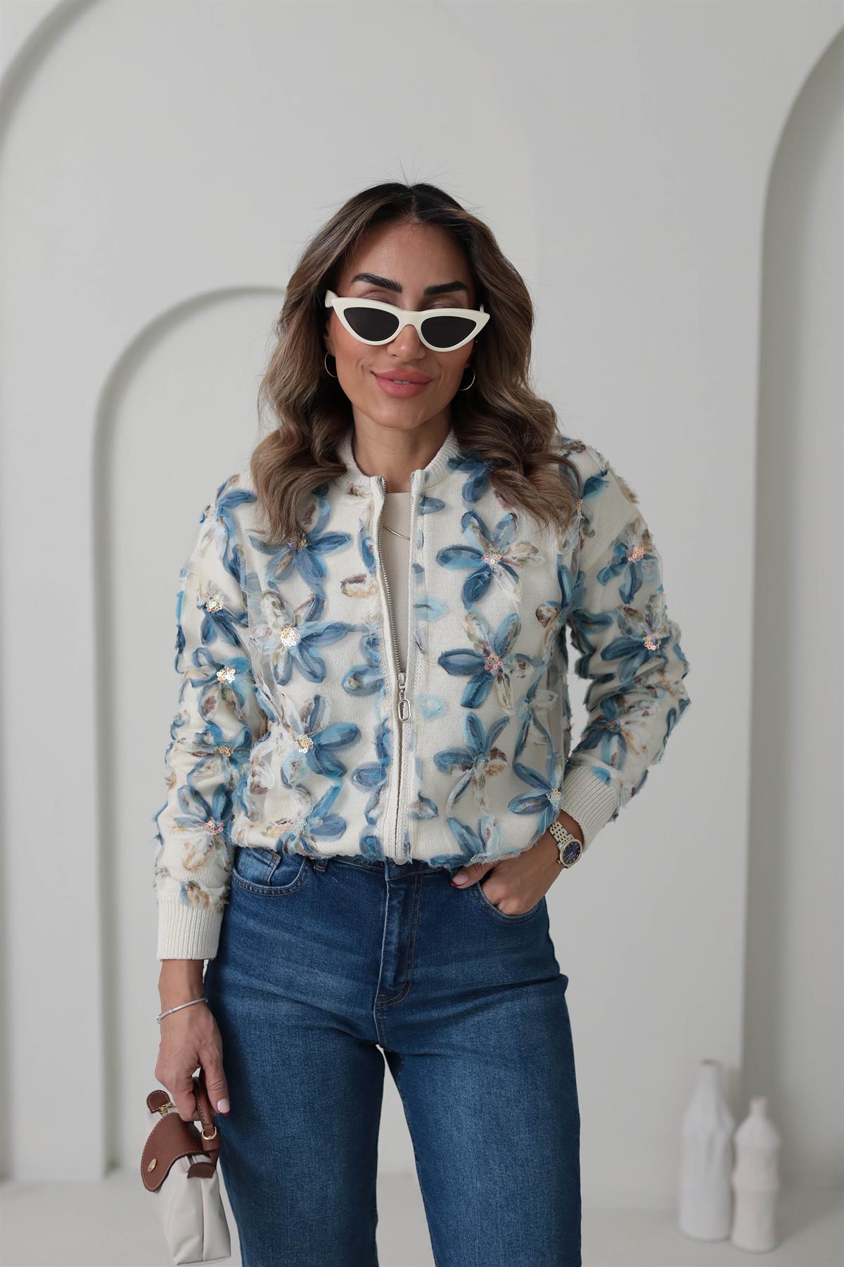 2438 Tasarım Çiçekli Fermuarlı Triko Hırka EKRU